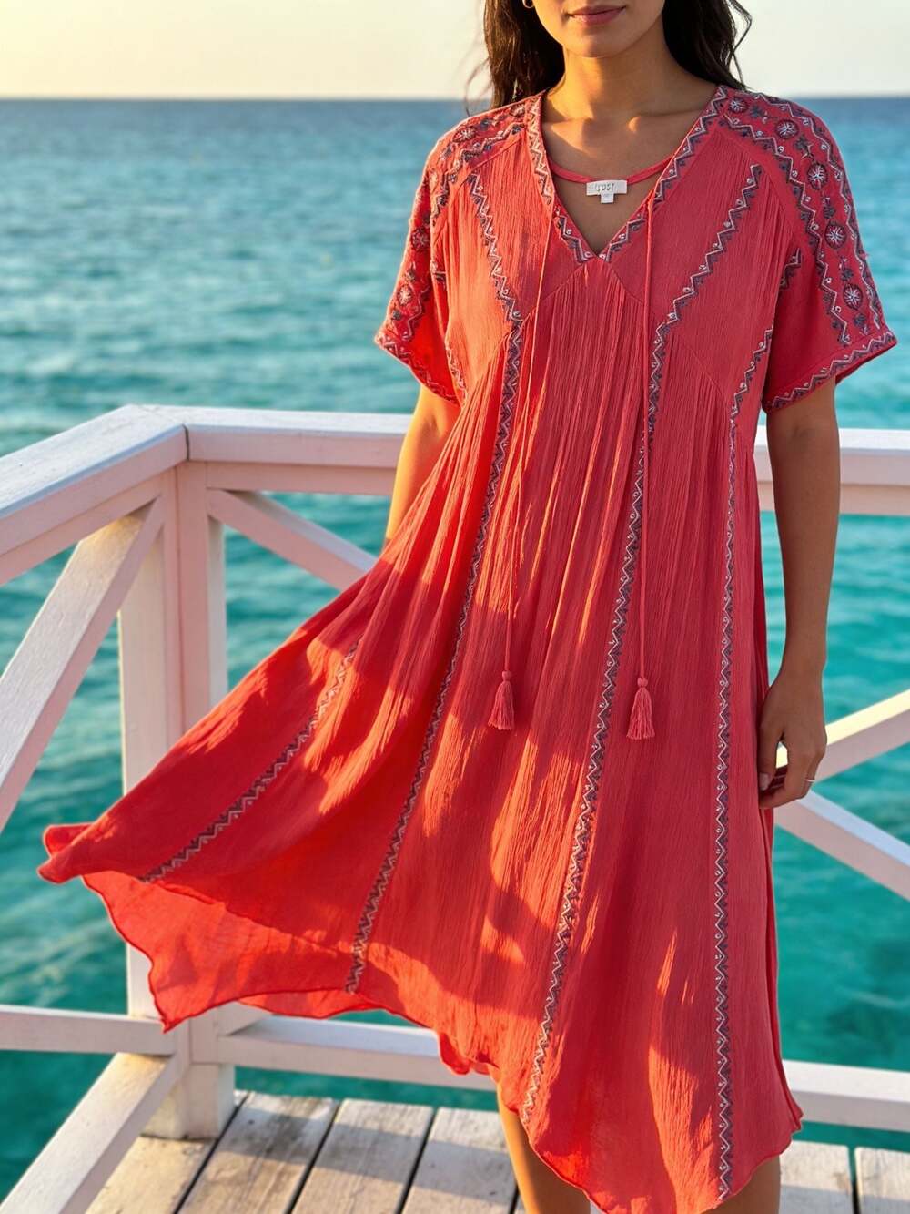 ODDI Women's Linen Blend Embroidered V-Neck Tassel Maxi Dress Red Size 1X